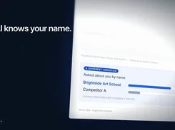 Dark presentation-style screen reading “AI knows your name.” beside a report card comparing Brightside Art School with Competitor A, labeled demo data.