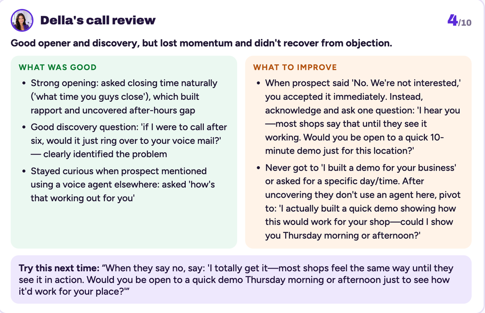 Della AI call-review screen showing a score of 4/10, feedback sections titled “What Was Good” and “What To Improve,” and a suggested script for the next call.