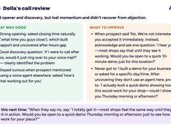 Della AI call-review screen showing a score of 4/10, feedback sections titled “What Was Good” and “What To Improve,” and a suggested script for the next call.