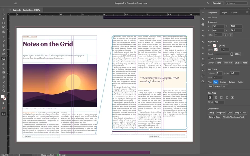 DesignCraft desktop layout editor displaying a two-page quarterly magazine spread with selected text, column guides, and formatting controls.