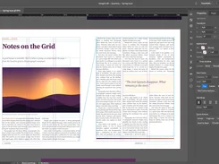 DesignCraft desktop layout editor displaying a two-page quarterly magazine spread with selected text, column guides, and formatting controls.