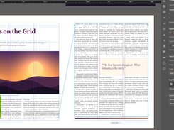 DesignCraft desktop publishing interface showing a two-page magazine layout with grid guides, selected text frames, and a Properties panel.