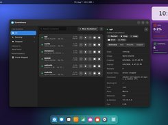 DeskMGR Containers interface with a selected api container and an overview panel showing image, state, command, ports, network, IP address, and CPU usage.