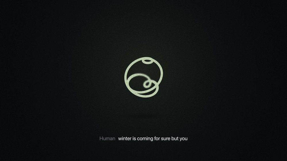 Dark application screen with a pale circular abstract icon centered above the transcript text, “Human winter is coming for sure but you.”