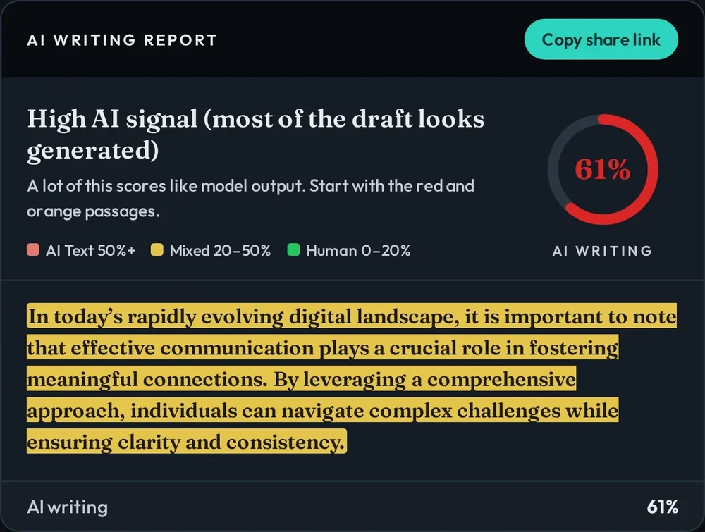 DetectGPT AI Writing Report screen showing a “High AI signal” result, a 61% AI-writing circular score, legend for AI, mixed, and human text, and highlighted draft text.