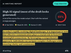 DetectGPT AI Writing Report screen showing a “High AI signal” result, a 61% AI-writing circular score, legend for AI, mixed, and human text, and highlighted draft text.