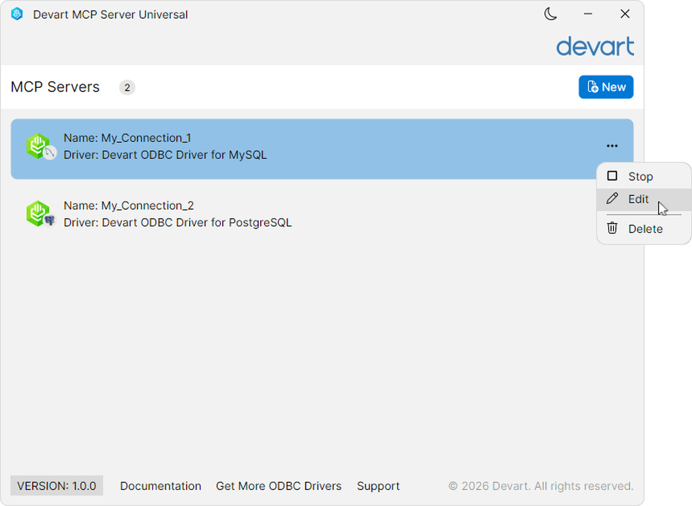 Devart MCP Server Universal desktop window listing two MCP server connections for Devart ODBC Driver for MySQL and PostgreSQL, with a context menu offering Stop, Edit, and Delete.