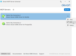 Devart MCP Server Universal desktop window listing two MCP server connections for Devart ODBC Driver for MySQL and PostgreSQL, with a context menu offering Stop, Edit, and Delete.
