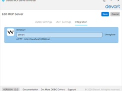 Devart MCP Server Universal Edit MCP Server window on the Integration tab, showing a Windsurf registration, server name field, localhost HTTP URL, and Save and Cancel buttons.
