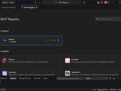 Windsurf MCP Registry screen showing the installed and enabled devart MCP server with 13 of 13 tools available.