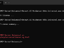 Windows Command Prompt showing Devart MCP Server Universal deactivate and summary commands, a license error, trial status, and product registration URL.