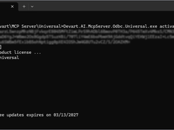 Windows Command Prompt showing the Devart MCP Server Universal command-line activation process and license status output.
