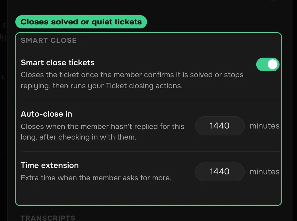 Dexbi Smart close ticket settings with an enabled toggle and 1440-minute fields for auto-close and time extension.