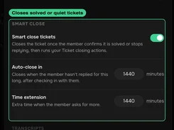 Dexbi Smart close ticket settings with an enabled toggle and 1440-minute fields for auto-close and time extension.