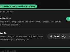Dexbi Transcripts settings with an enabled toggle and a Save to channel selector set to ticket-logs.