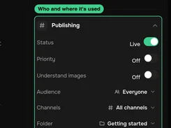 Dexbi settings panel for Publishing, with toggles for status, priority, image understanding, audience, channels, and folder.