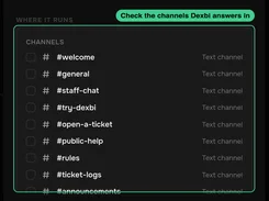 Dexbi channel-selection panel listing text channels including welcome, general, staff-chat, try-dexbi, open-a-ticket, public-help, rules, and ticket-logs.