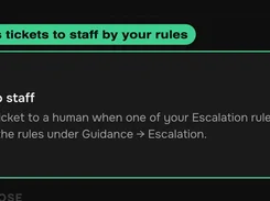 Dexbi behavior setting labeled “Escalate to staff,” with an enabled toggle and explanatory text about escalation rules.