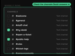 Dexbi channel-selection panel with the try-dexbi and public-help text channels selected.