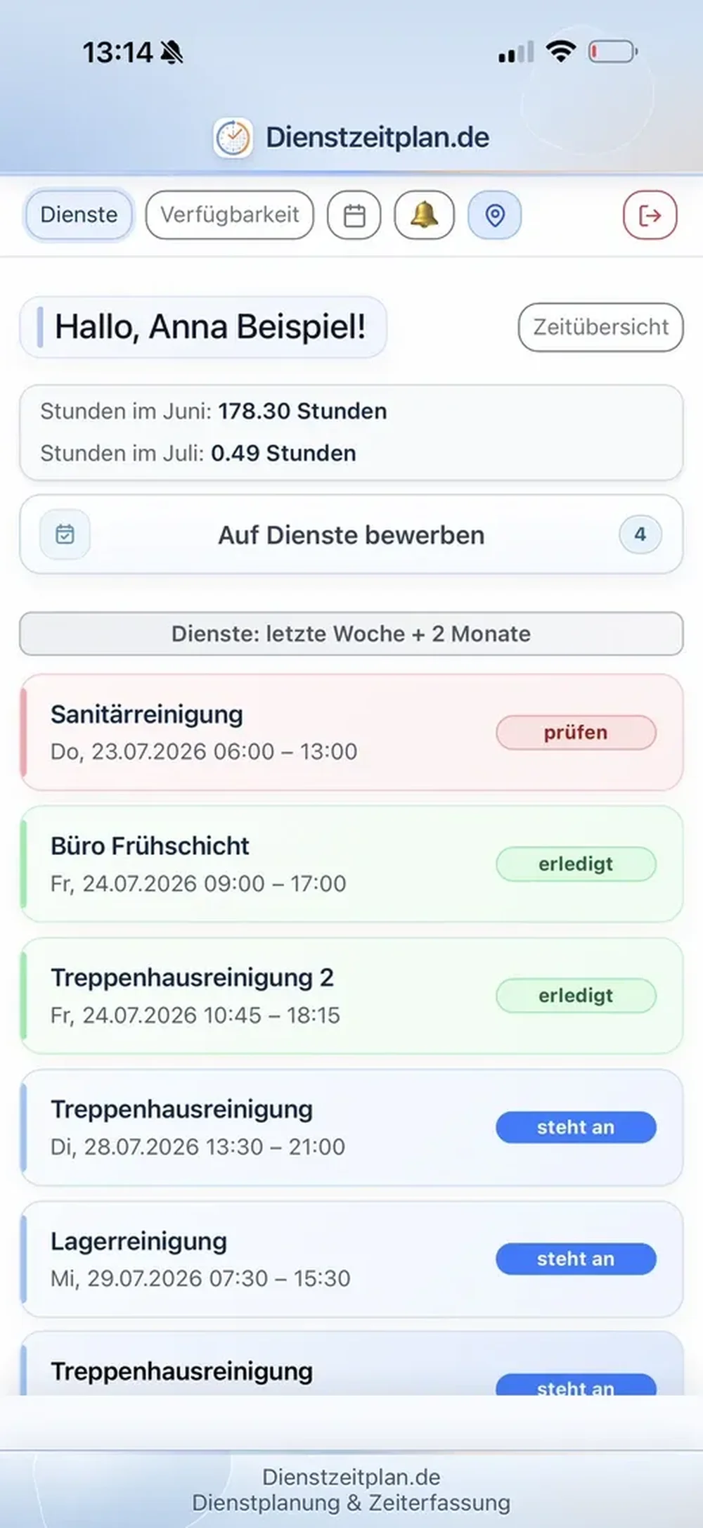 Mobile Dienstzeitplan.de app screen in German showing shift tabs, monthly hours, and a list of cleaning shifts with status labels.