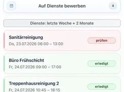 Mobile Dienstzeitplan.de app screen in German showing shift tabs, monthly hours, and a list of cleaning shifts with status labels.