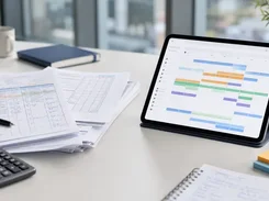 Tablet on a desk displaying a horizontal, color-coded schedule timeline, beside printed records, a calculator, and stationery.