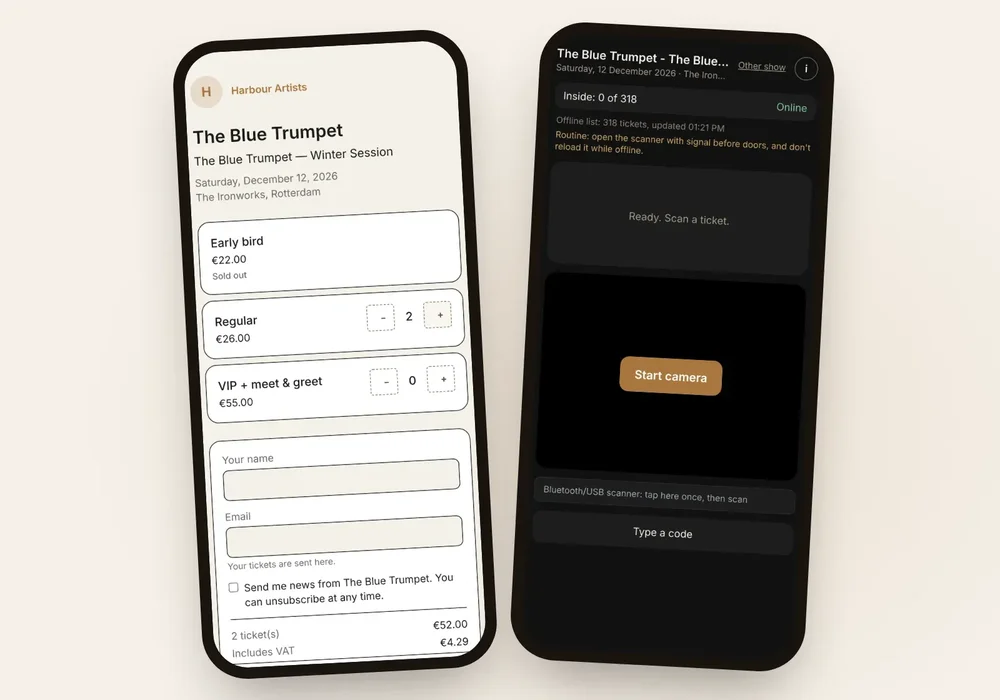 Two mobile screens showing event ticket selection and a ticket-scanning interface for The Blue Trumpet.