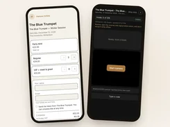 Two mobile screens showing event ticket selection and a ticket-scanning interface for The Blue Trumpet.