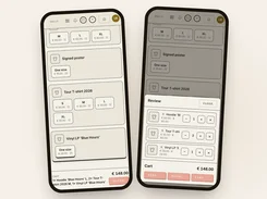 Two mobile merch point-of-sale screens showing product variants, a cart review, and cash, PayPal, and card payment options.