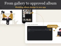 Promotional workflow graphic titled “From gallery to approved album,” showing illustrated users, gallery thumbnails, and an album-design interface.