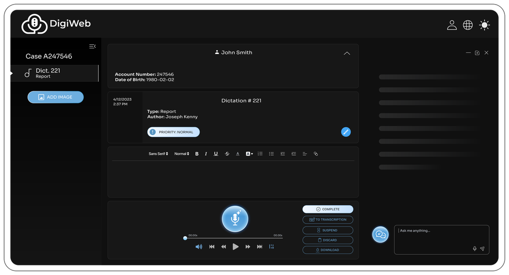 DigiWeb Dictation Screen (Dark Mode)