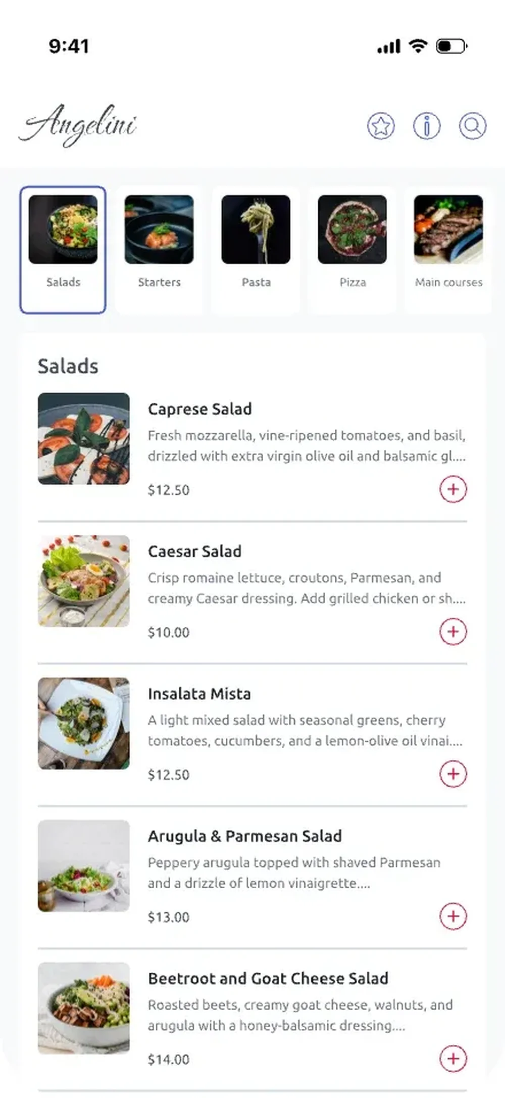 Mobile restaurant ordering interface for Angelini showing category tiles and a Salads menu list with item photos, descriptions, prices, and add buttons.
