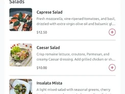 Mobile restaurant ordering interface for Angelini showing category tiles and a Salads menu list with item photos, descriptions, prices, and add buttons.