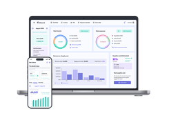 Dishboard financial dashboard displayed on a laptop and phone, with income and expense summaries, charts, profit, and supply-cost panels.