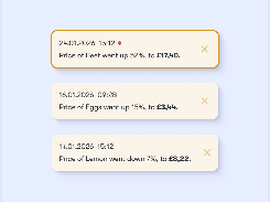 Three product alert cards reporting price changes for beef, eggs, and lemon with timestamps and prices.