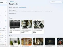 DispatchMind desktop Price book page with photographed HVAC parts and service-item cards, descriptions, and prices.