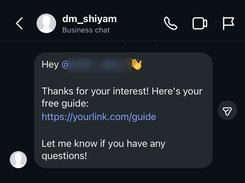 Dark-mode Instagram business chat view with an automated-looking reply that thanks a user for their interest and provides a guide link.