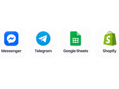 A horizontal row of labeled integration tiles for Instagram, WhatsApp, Messenger, Telegram, Google Sheets, Shopify, Zapier, and Email.
