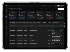 Tablet-framed Purchase Transactions screen with requisition, purchase order, goods receipt, invoice, credit, and payment metrics above a transaction table.