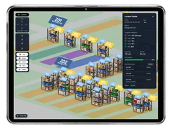 Tablet-framed isometric warehouse map showing labeled racks, bins, zones, stored inventory, and a location-details panel.