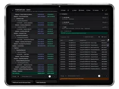 Tablet-framed Profit and Loss report with account-class rows, subtotals, transaction investigation panel, invoice references, and amounts.
