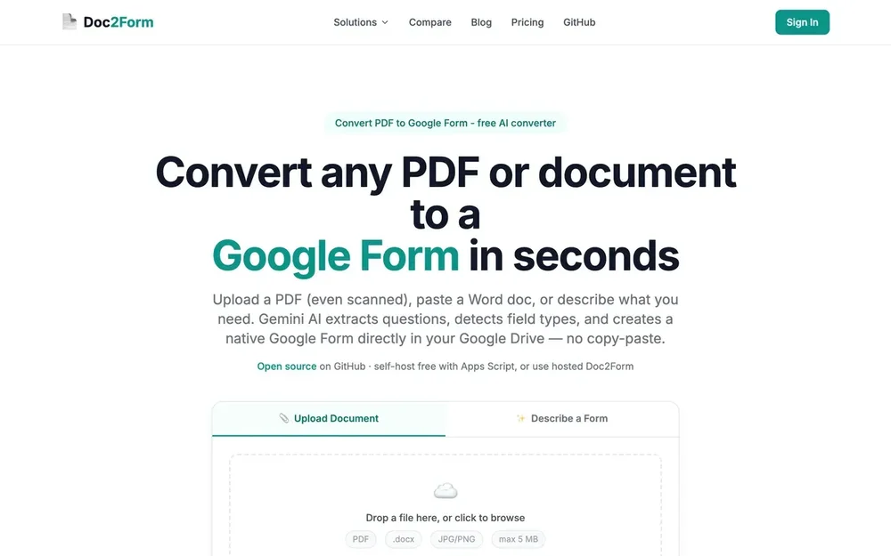 Doc2Form webpage with the headline “Convert any PDF or document to a Google Form in seconds” and an upload-document panel.