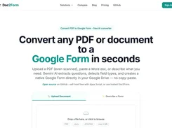 Doc2Form webpage with the headline “Convert any PDF or document to a Google Form in seconds” and an upload-document panel.