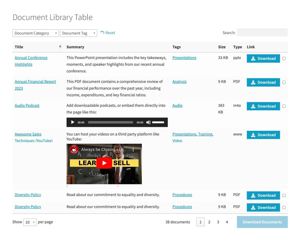 Searchable document library for any website platform