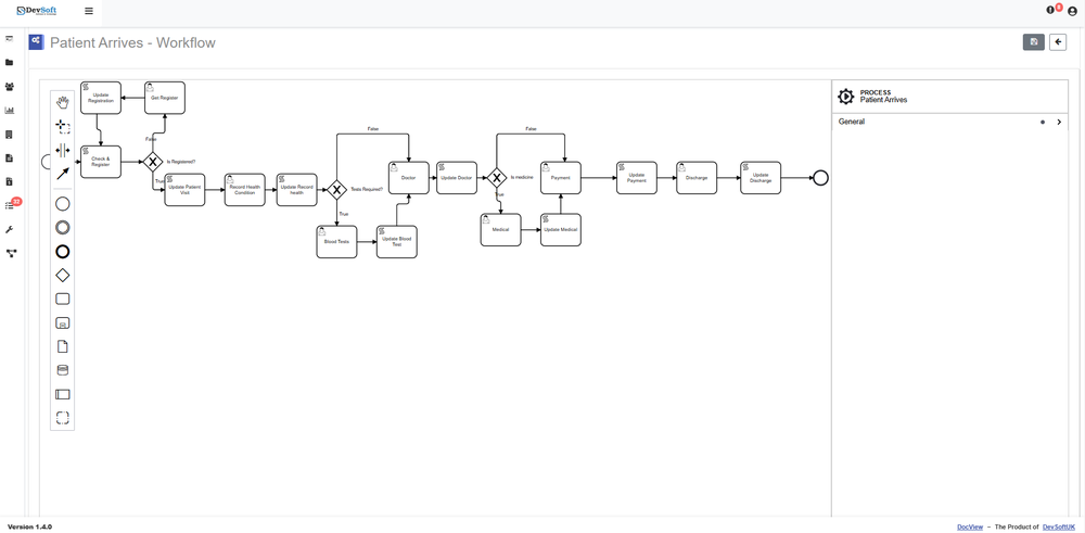 DocView workflow designer showing a patient-arrival process flow.