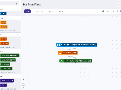 DoesQA flow editor titled “My First Flow,” with tabs and a canvas connecting Open, Touch Primary CTA, and Check Welcome heading is displayed steps.