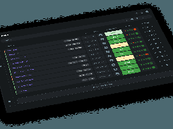 Dark-mode DoesQA Flows screen showing a table of named flows, tags, modification dates, check-ratio labels, status indicators, and action icons.