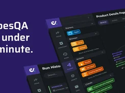 Promotional graphic reading “DoesQA in under 1 minute.” alongside dark DoesQA interface views showing flow-building nodes and run history.