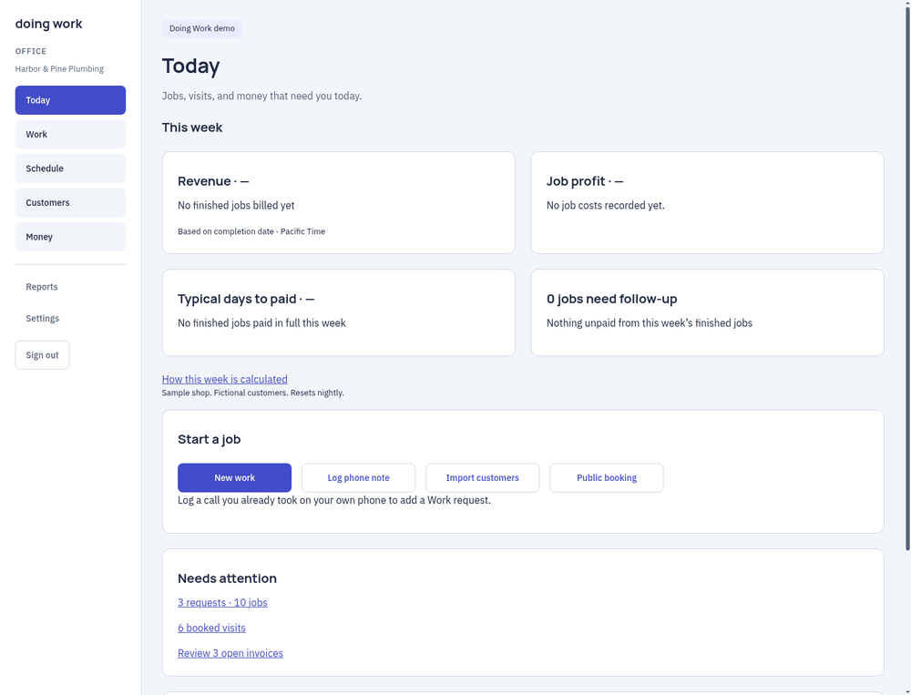 Doing Work Today dashboard with weekly revenue, job-profit, payment-time, follow-up, and start-a-job panels.