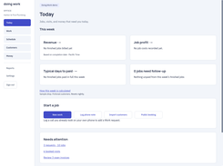 Doing Work Today dashboard with weekly revenue, job-profit, payment-time, follow-up, and start-a-job panels.